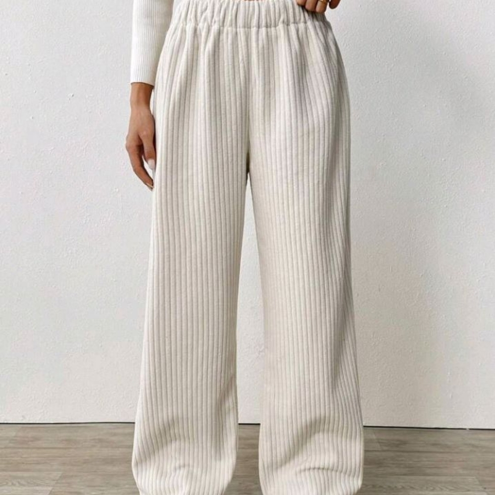 White Wide Leg Ribbed Knit Pants